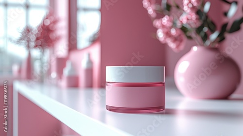 Pink vase filled with colorful flowers on a wooden table in a bright indoor setting