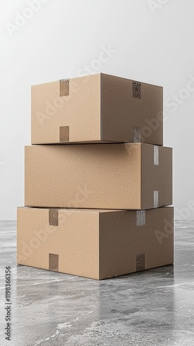 Three cardboard boxes stacked on top of each other in a neat arrangement on a white background
