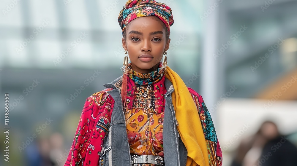 A model showcasing trendy clothing on a modern runway. A model showcasing trendy clothing on a modern runway.