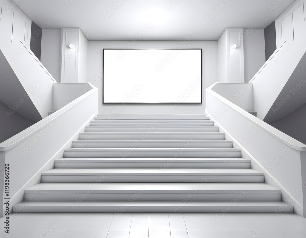 Obraz premium Modern white staircase leading to a blank billboard in a bright and spacious building