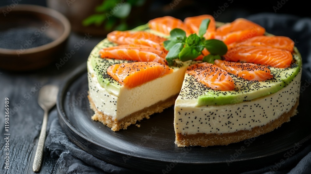 A cheesecake with avocado and salmon slices on top. Delicious cake. Birthday cake. Cake with fresh salmon and fruit A cheesecake with avocado and salmon slices on top. Delicious cake. Birthday cake. Cake with fresh salmon and fruit