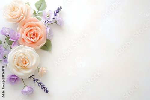 Soft pastel roses and lavender flowers on light background, perfect for wedding themes