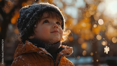 A young child with curly hair, wearing a cozy winter jacket and hat, looks up with a joyful expression as snowflakes fall around him in a park filled with autumn leaves.