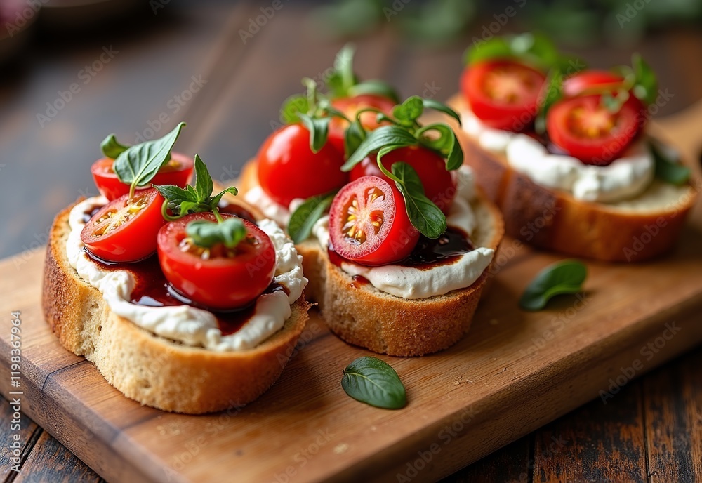 Elegant Gourmet Bruschetta Trio with Juicy Cherry Tomatoes, Silky Ricotta, and Sweet Balsamic Glaze Served on a Rustic Wooden Board for a Stunning Presentation Elegant Gourmet Bruschetta Trio with Juicy Cherry Tomatoes, Silky Ricotta, and Sweet Balsamic Glaze Served on a Rustic Wooden Board for a Stunning Presentation