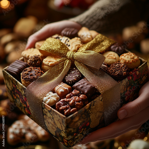 a close-up of hands giving a colorful Mishloach Manot package tied with a golden ribbon, filled with treats like cookies, dried fruits, and chocolates photo