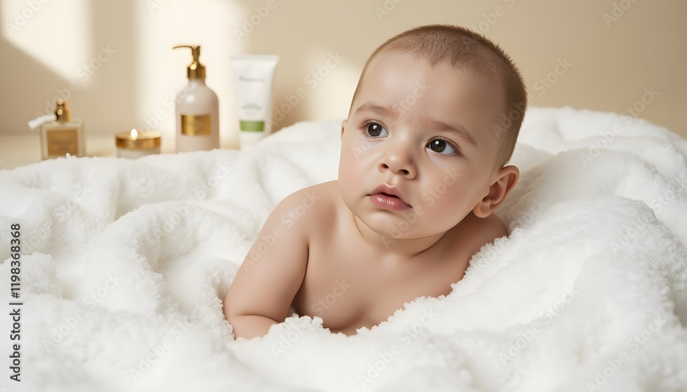 Adorable baby gazing in wonder, promoting gentle care and innocence - suitable for baby product ads, parenting blogs, and family-oriented publications