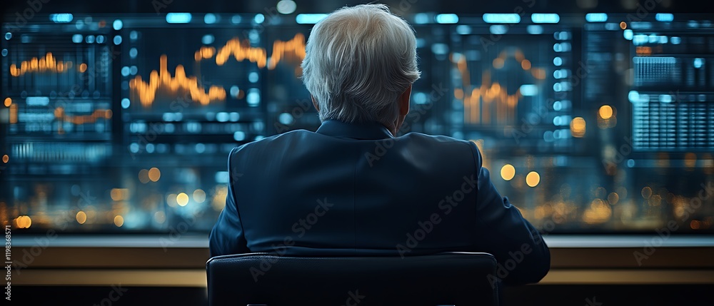 Senior executive reviewing financial data on large screens. Senior executive reviewing financial data on large screens.