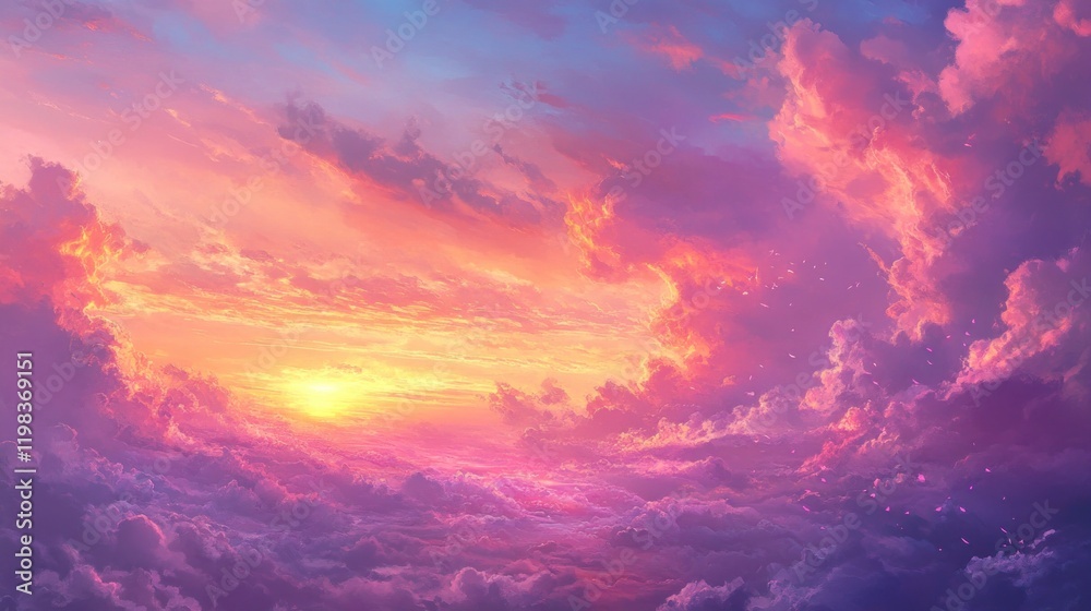 Vibrant sunset above a sea of pink and purple clouds. Vibrant sunset above a sea of pink and purple clouds.