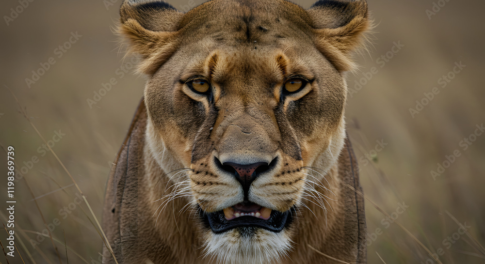 Fototapeta premium A lioness showcasing her remarkable dental characteristics.