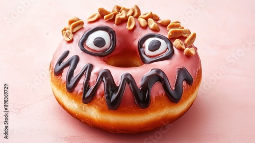 A decorated donut shaped like a monster face with pink icing, peanut pieces, and dark chocolate icing details on a pink background. photo