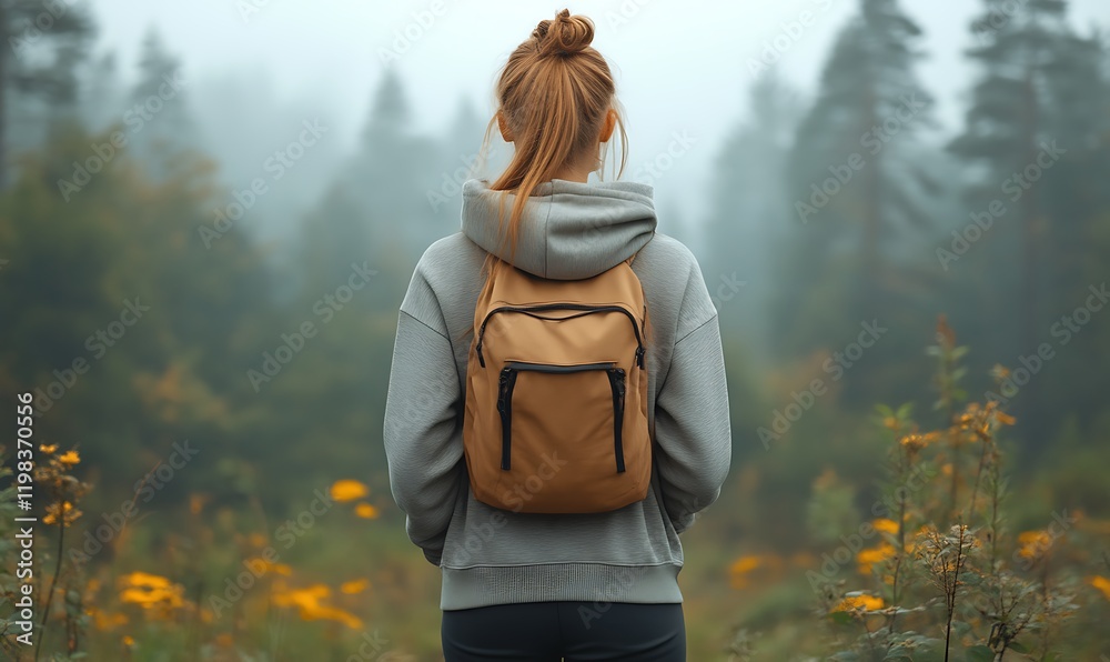 Woman hiker with backpack in foggy forest. (1) Woman hiker with backpack in foggy forest. (1)