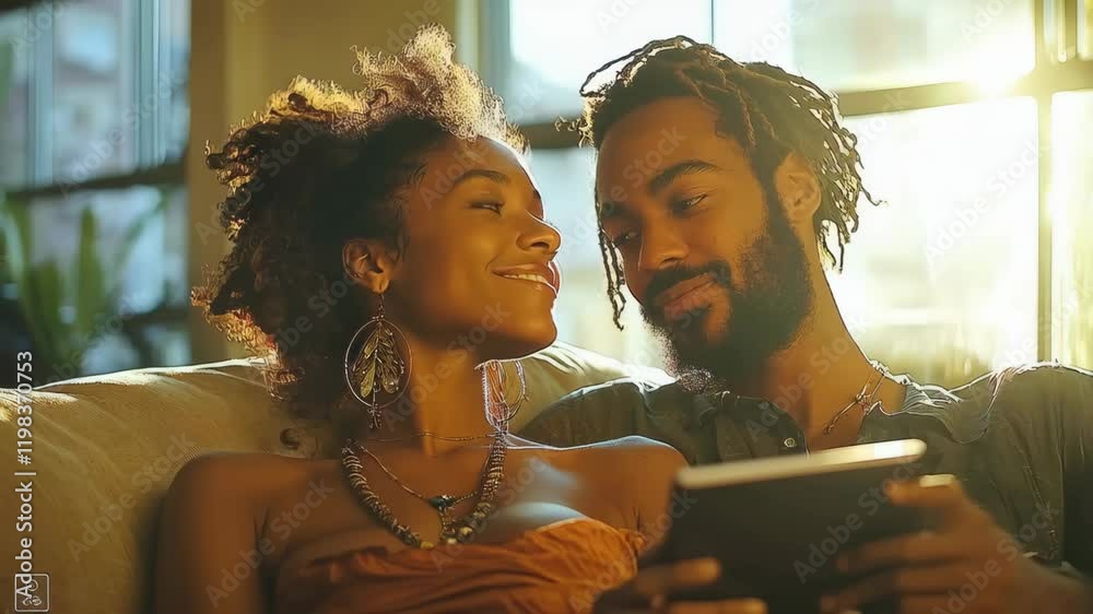 A joyful couple of African descent enjoying a moment together in a cozy setting, surrounded by sunlight.