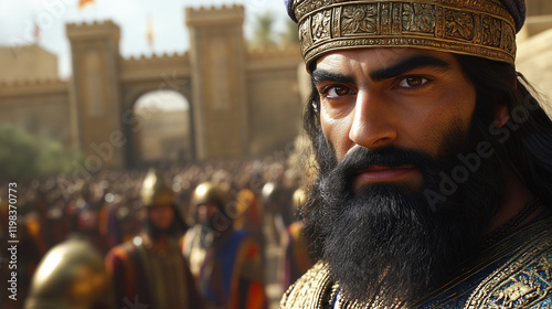 Mordechai dressed in traditional Persian robes with intricate patterns in deep blue and gold, wearing a tall headdress, standing confidently at the city gates of ancient Shushan