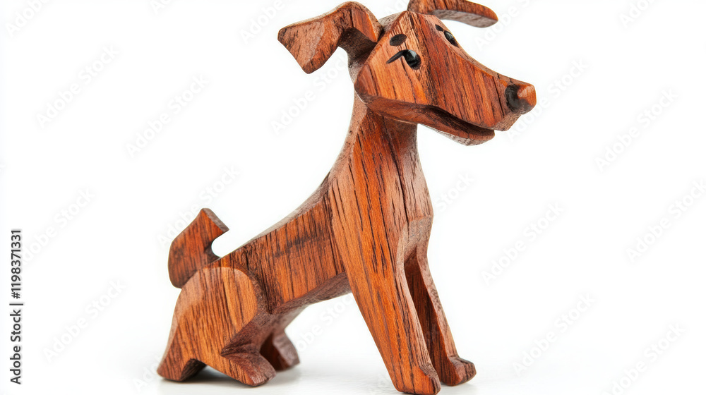 Fototapeta premium Handcrafted wooden dog figurine, showcasing intricate details and warm finish. This unique piece adds charm to any decor and is perfect for dog lovers
