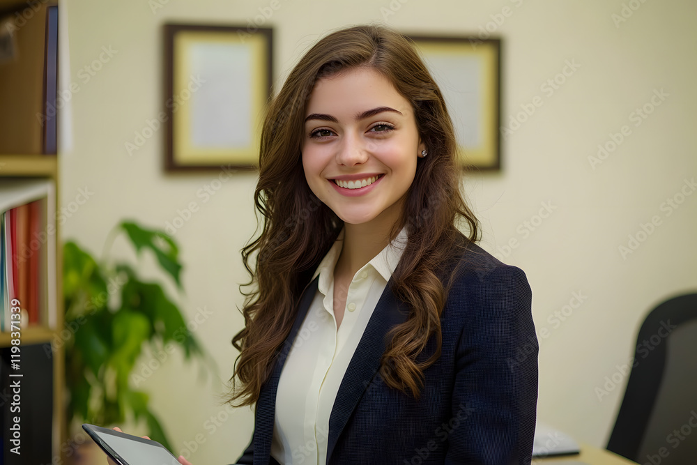 Confident businesswoman smiling in a suit at the office Confident businesswoman smiling in a suit at the office