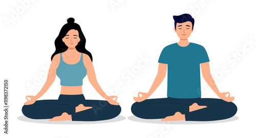 Young man and woman couple meditating in lotus pose. Cute yoga and meditation illustration in flat style.