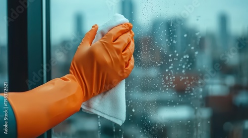 A person in orange gloves cleans a window, removing water spots, with a city skyline visible in the background.