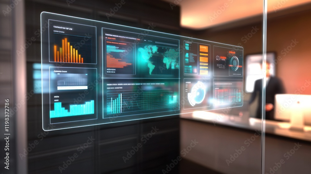 Futuristic Business Analytics Dashboard: Global Data Visualization on Interactive Display Futuristic Business Analytics Dashboard: Global Data Visualization on Interactive Display