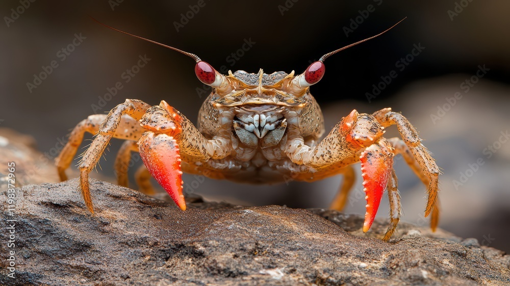 A close-up of a crab displaying its vibrant red claws and detailed facial features, perched on a rock in its natural habitat. A close-up of a crab displaying its vibrant red claws and detailed facial features, perched on a rock in its natural habitat.