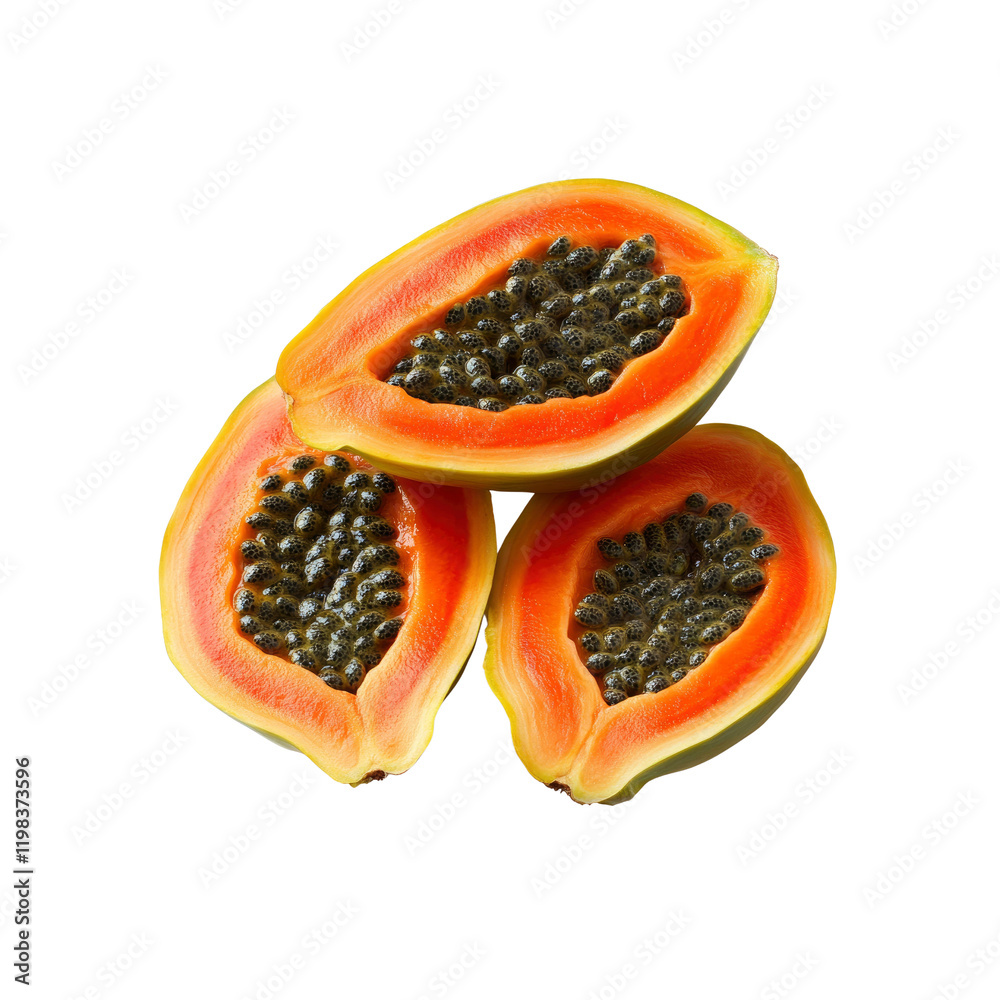 Three Halved Papaya Fruits Isolated on Transparent Background Three Halved Papaya Fruits Isolated on Transparent Background
