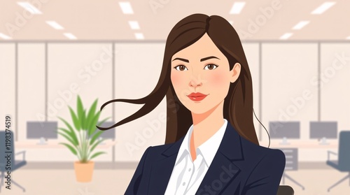 Professional illustration of a confident young businesswoman in a modern, stylish office setting