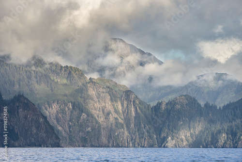 USA, Alaska, Kenai Fjords National Park. Landscape with cliffs and Pacific Oc...