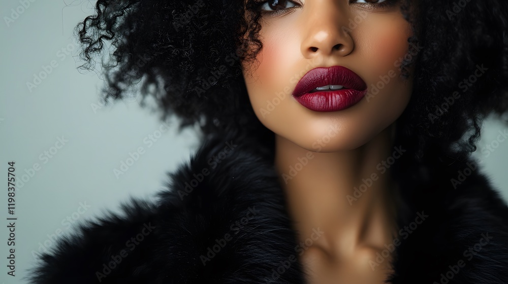 Woman with dark curly hair and red lipstick wearing fur Woman with dark curly hair and red lipstick wearing fur