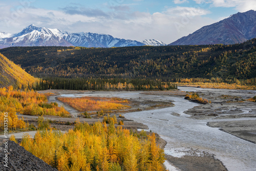 USA, Alaska, Chugach National Forest. Autumn landscape with mountains and Mat...