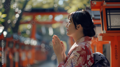woman in kimono prays peacefully at shrine surrounded by lanterns