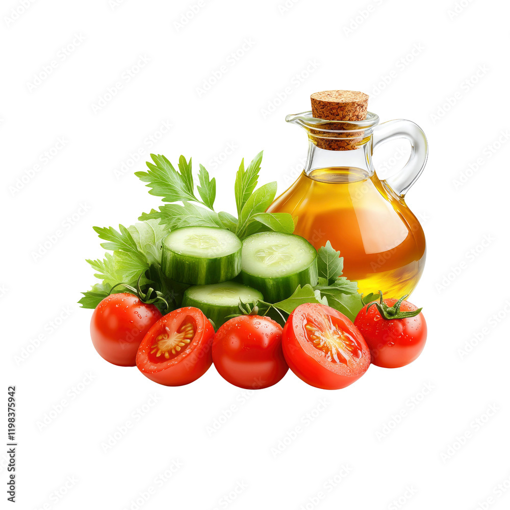 Fresh Tomatoes, Cucumbers, Parsley, and Olive Oil in a Glass Decanter Fresh Tomatoes, Cucumbers, Parsley, and Olive Oil in a Glass Decanter