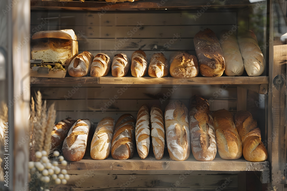 Rustic Bakery Charm: A Display of Freshly Baked Artisanal Breads in a Sunlit Haven Rustic Bakery Charm: A Display of Freshly Baked Artisanal Breads in a Sunlit Haven