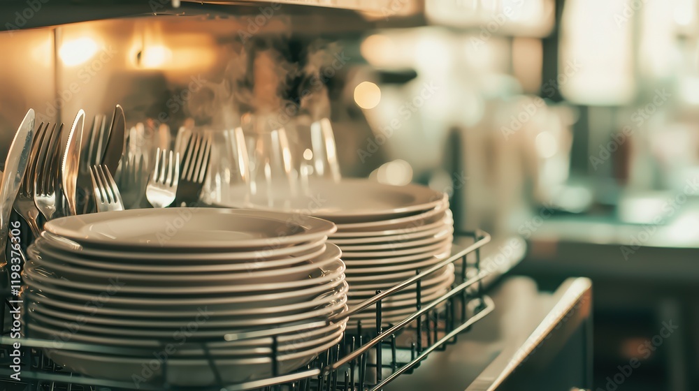 A neatly organized stack of clean plates and glasses in a dish rack, illuminated by warm light, suggesting a cozy kitchen atmosphere. A neatly organized stack of clean plates and glasses in a dish rack, illuminated by warm light, suggesting a cozy kitchen atmosphere.