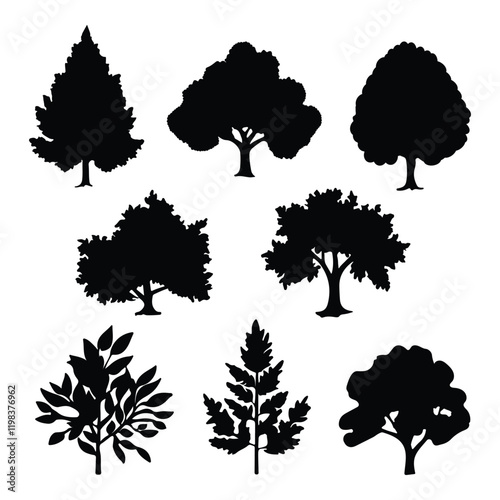 Set of Diverse Tree Silhouettes for Design Projects, Variety of Tree Silhouettes, broad canopies to coniferous ones with needle-like leaves