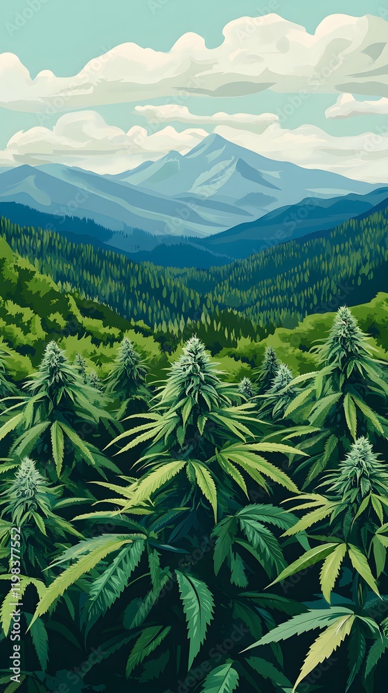 Fototapeta premium A vast marijuana field, with beautiful mountain views