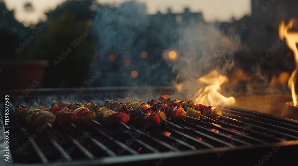 Grilled skewers of vegetables and meat cooking on an outdoor grill at sunset with smoke and flames. Grilled skewers of vegetables and meat cooking on an outdoor grill at sunset with smoke and flames.
