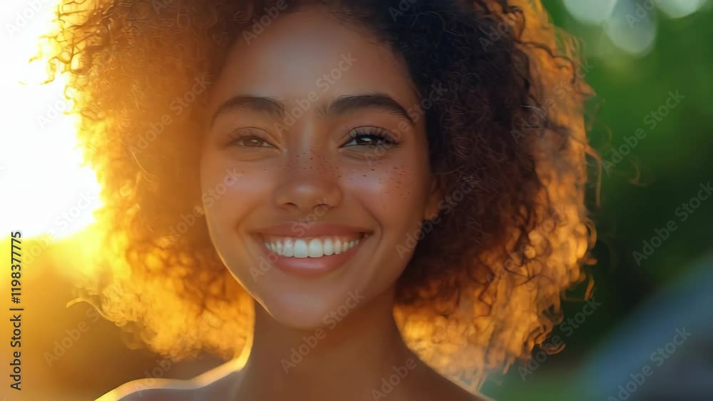 A smiling young woman of mixed ethnicity with curly hair, captured during sunset, exuding joy and warmth.