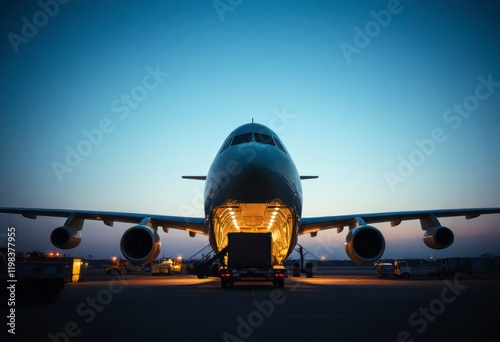 Big open-body cargo plane is being loaded with freight as workers prepare equipment in the dim light of the night sky at the airport.