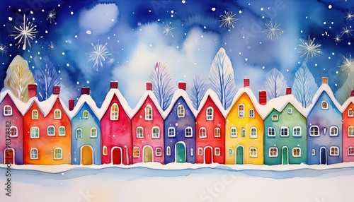 Vibrant Winter Scene Colorful SnowCovered Houses in a Whimsical Watercolor Winterland, Brimming with Joy and Serenity