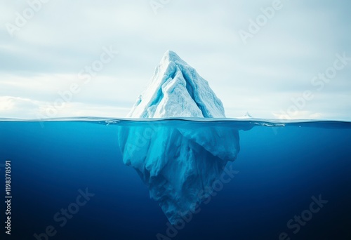 This cross-sectional view reveals a massive iceberg with a prominent submerged portion in a serene polar ocean setting.