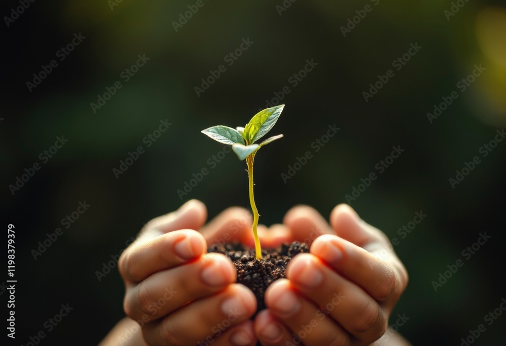 Two human hands cradle a small green sprout, symbolizing new beginnings and nurturing in a natural environment filled with potential. Two human hands cradle a small green sprout, symbolizing new beginnings and nurturing in a natural environment filled with potential.