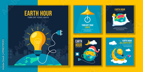Flat Cartoon Earth Hour Social Media Post Templates with Eco-Friendly Themes