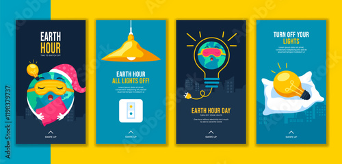 Earth Hour Campaign Illustration with Flat Cartoon Style for Social Media Stories Templates