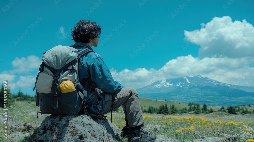 Hiker Contemplating Majestic Mountain View Hiker Contemplating Majestic Mountain View