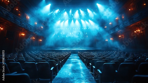 Empty theater stage, lights, audience, show.
