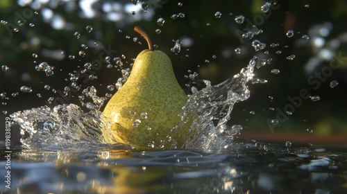 A pear splashing into water with water droplets. photo