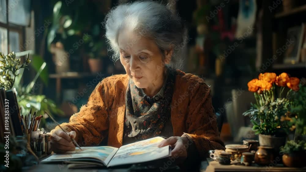 An elderly woman of European descent is drawing in a sketchbook surrounded by plants and flowers, showcasing her artistic passion in a cozy workspace.