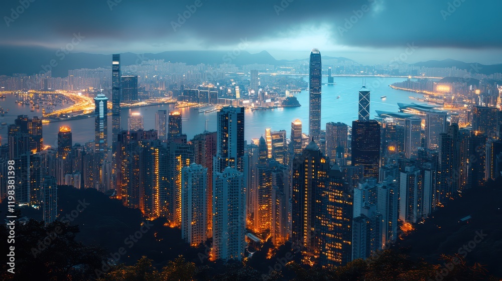 Obraz premium atmosphere overlooking southern east Asia. you can see the well lit places of modern busy cities with lights and slow shutter photography