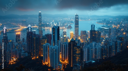 atmosphere overlooking southern east Asia. you can see the well lit places of modern busy cities with lights and slow shutter photography