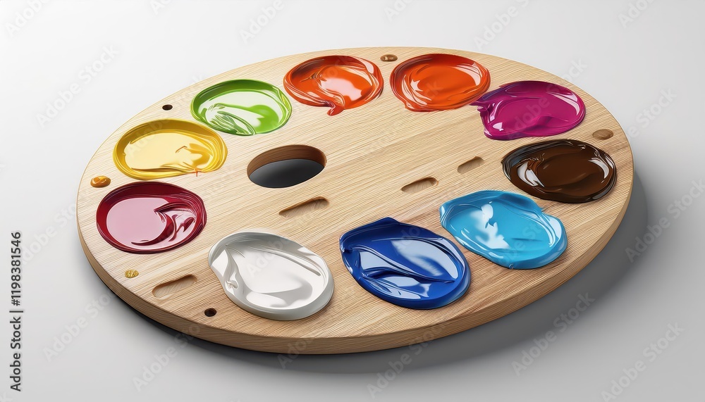 HighResolution Hyperrealistic Photograph of a Wooden Artists Palette Filled with Paint Blobs on White Background Capturing the Spirit of Artistic Expression
