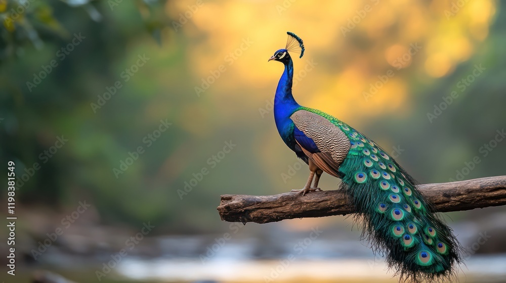 Majestic Peacock Perched on a Branch in Serene Forest Majestic Peacock Perched on a Branch in Serene Forest